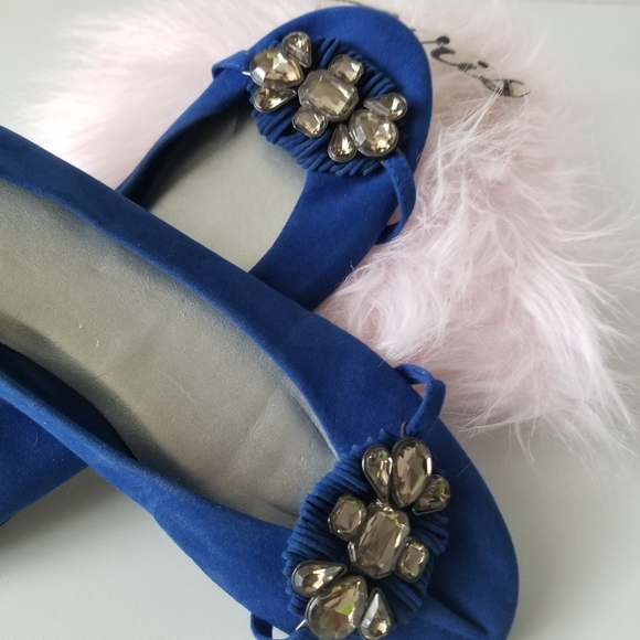 Cato Royal Blue Faux Suede Embellishments large Chungy Rhinstone Flat Ballerinas - Picture 11 of 11